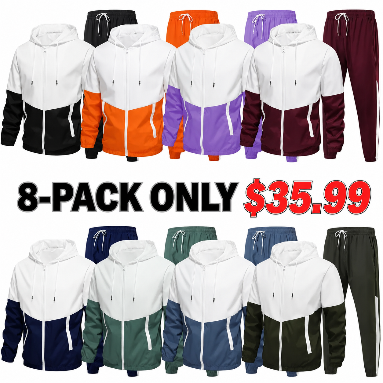 Men's Colorblock Drawstring Zip Up Hoodie & Joggers French Terry Set