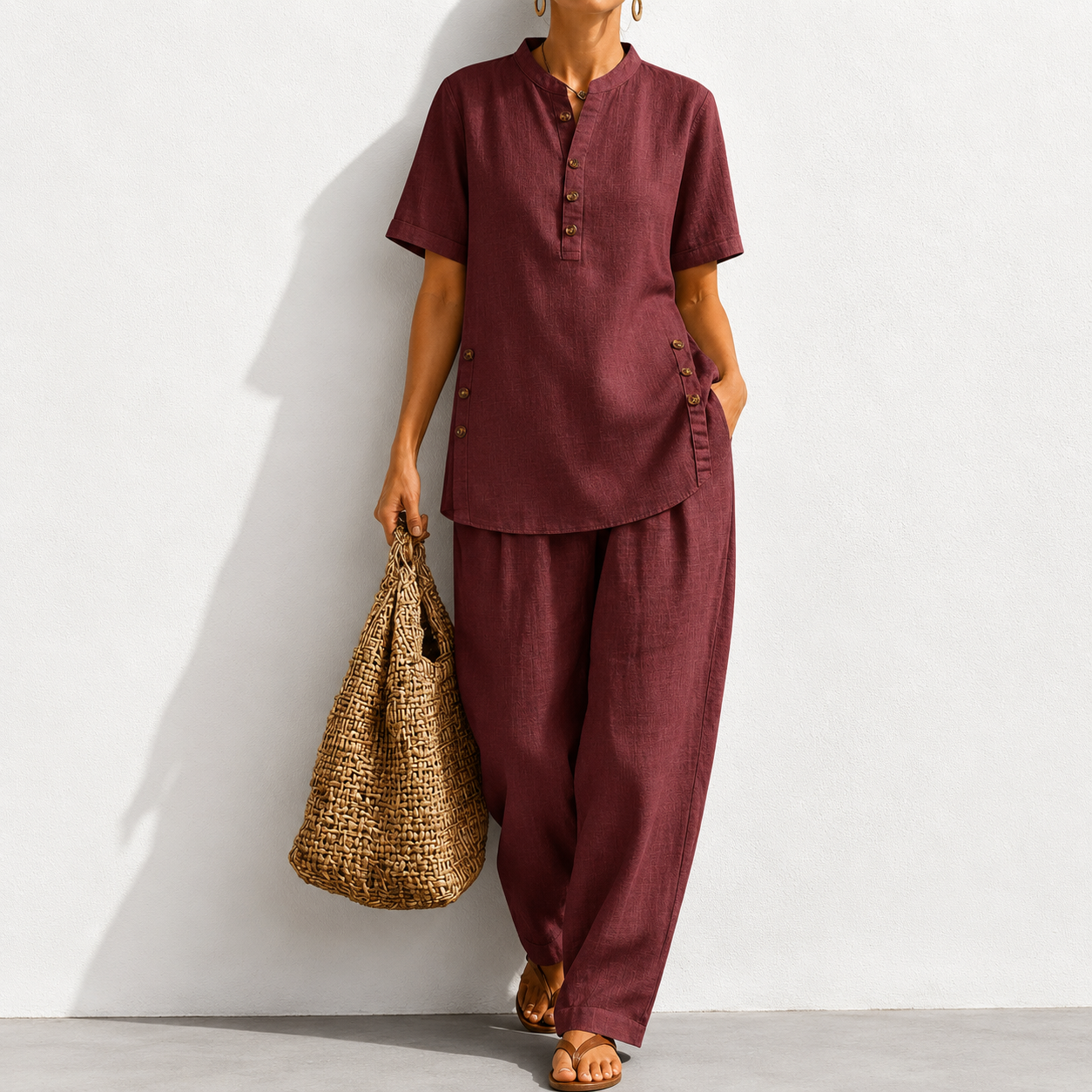 Cozy Casual Button Shirt And Wide-leg Pants Linen Two-piece Set