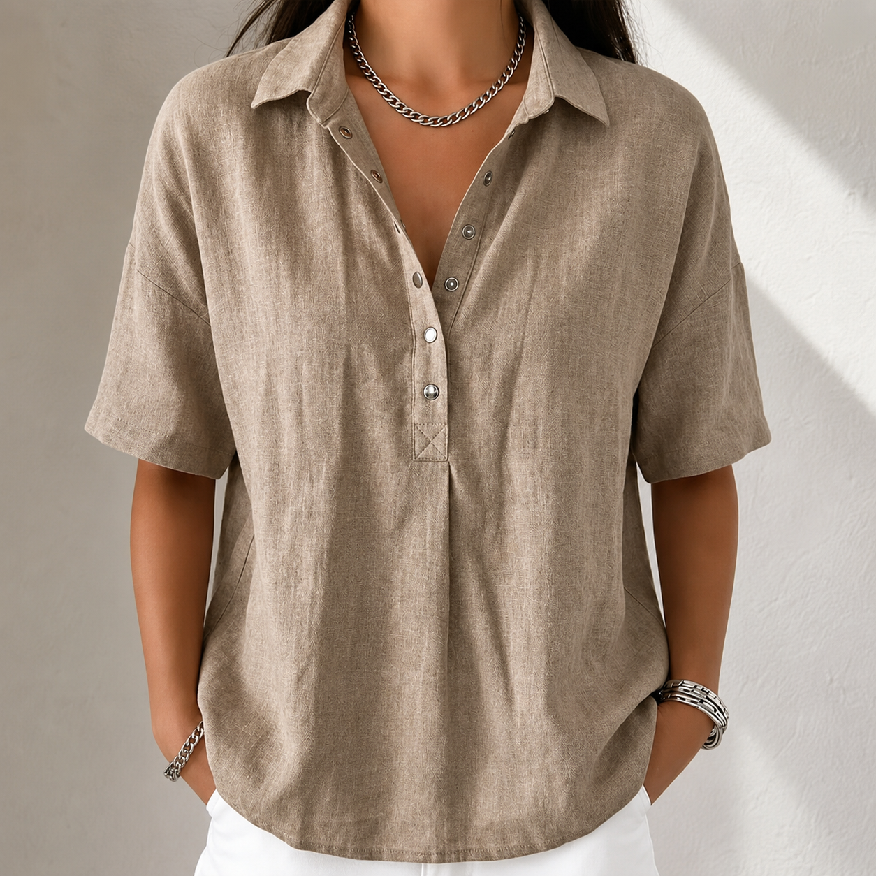 Women’s Cotton Linen Polo Shirt – Casual Short Sleeve Summer Top