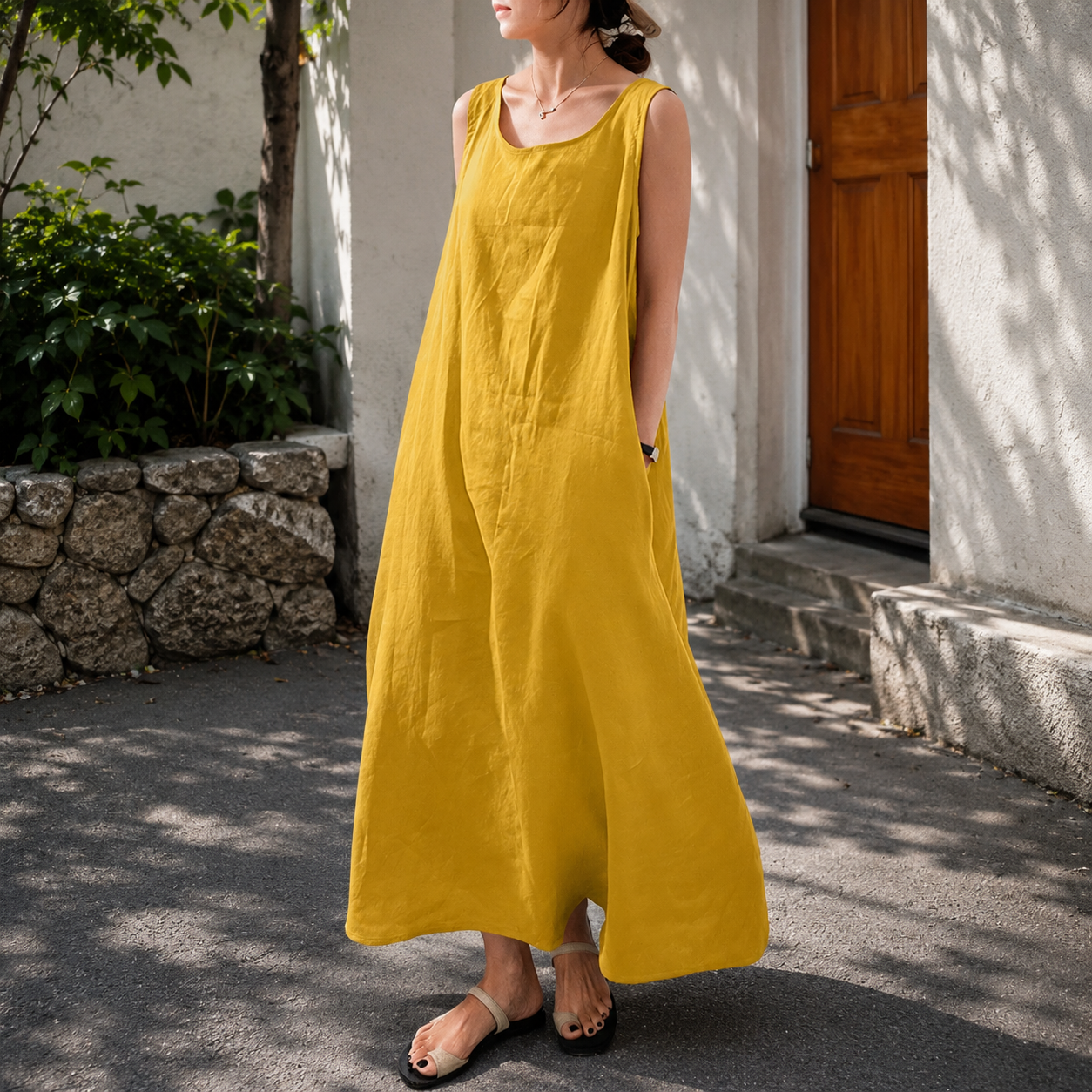 chouyatou Women's Summer Casual Sleeveless Cotton Sun Dress Maxi Tunic Tank Beach Dress with Pocket