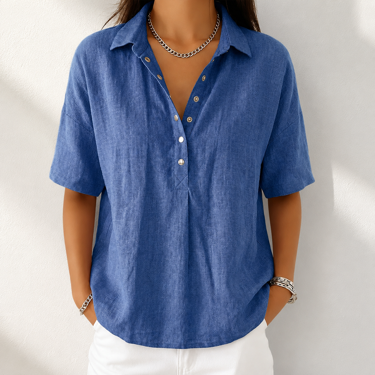 Women’s Cotton Linen Polo Shirt – Casual Short Sleeve Summer Top