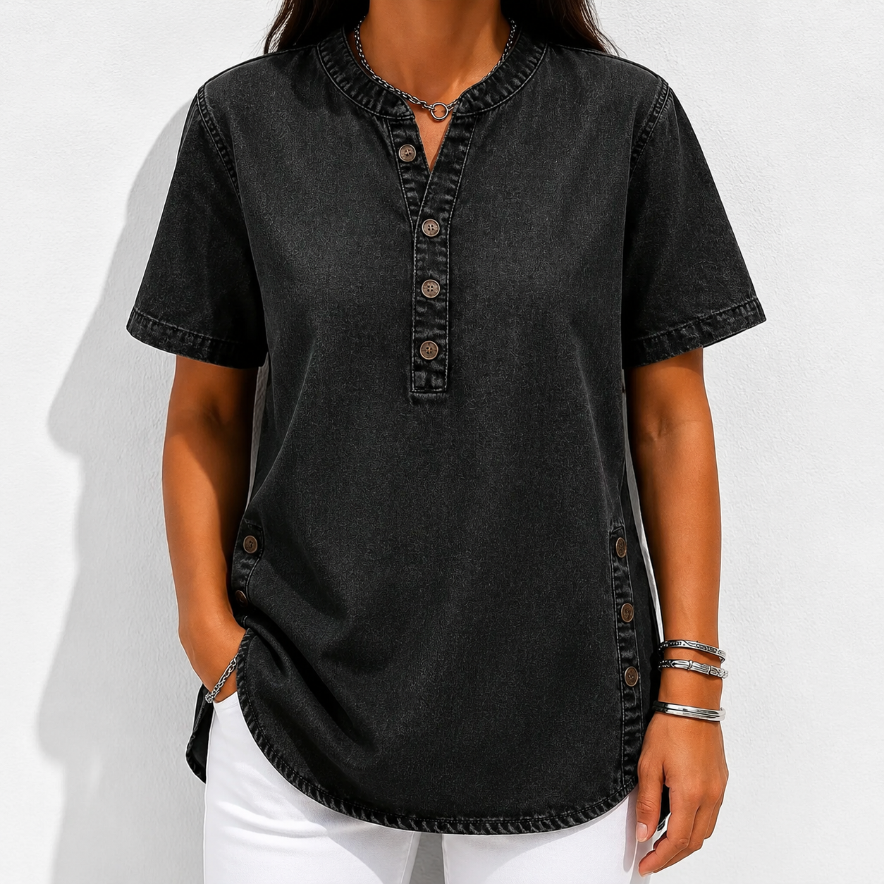 NEW🔥Women's V-neck short-sleeved Casual Button-up Loose Denim Top