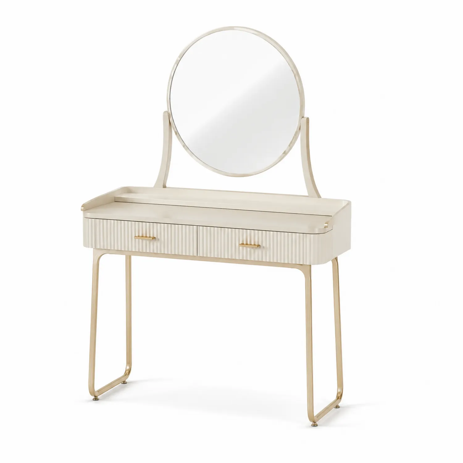 Coiffeuse en Métal et Bois Beige avec Miroir Rond-Lutrivoqorx