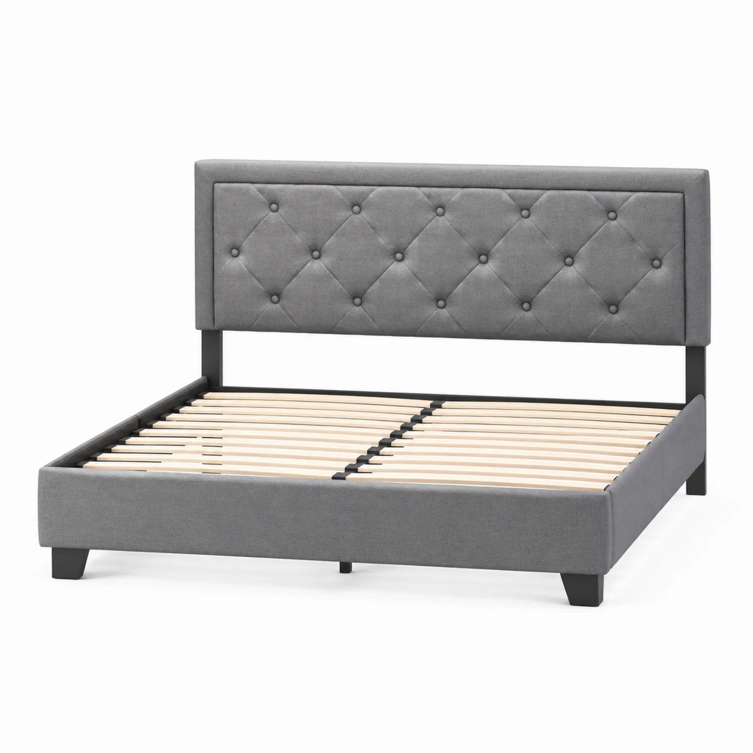 Lit double avec tête de lit capitonnée en tissu gris-Lutrivoqorx