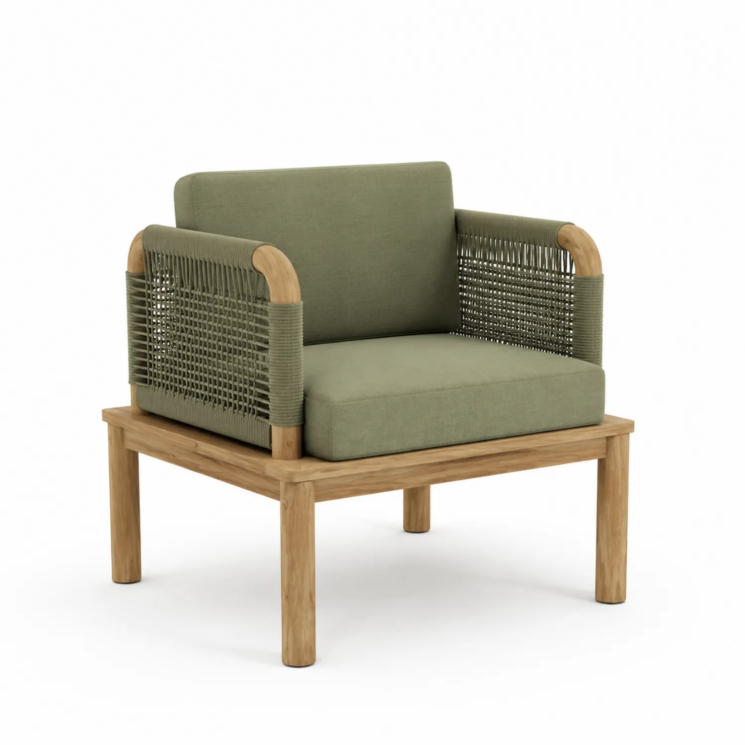 Fauteuil en bois de teck avec coussins en tissu acrylique vert-Lutrivoqorx