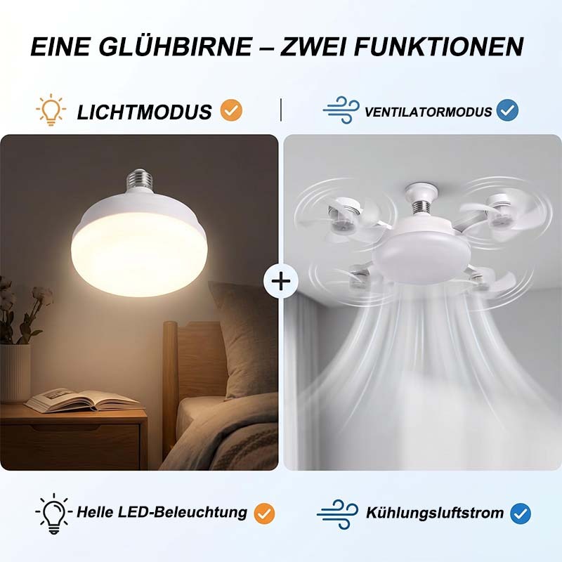 ❄️ 2-in-1 E27 Ventilatorlampe mit LED-Licht & Fernbedienung – ohne Bohren, ideal für Mietwohnungen & heiße Räume