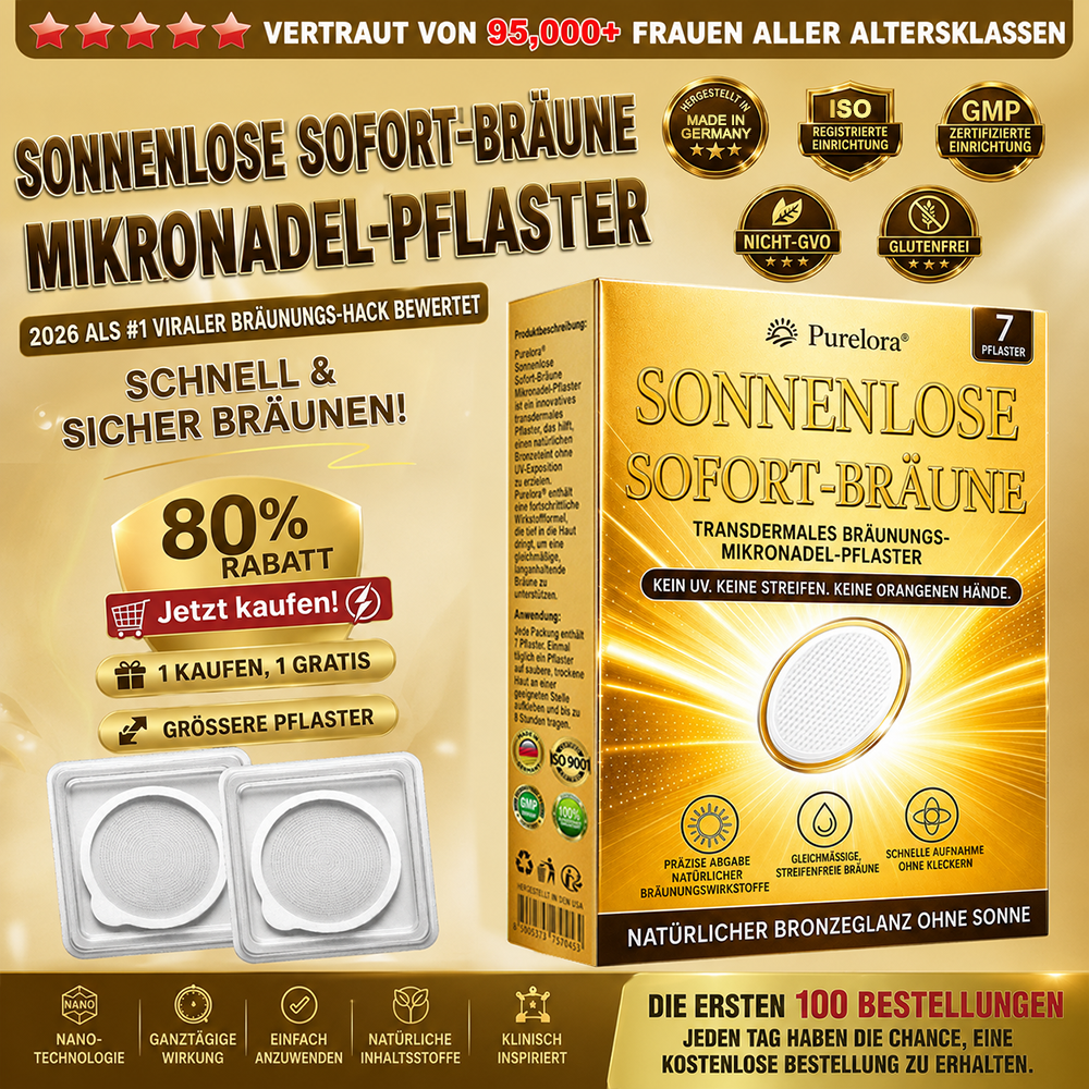 Offizieller Store | ☀️☀️ Purelora® Sofort-Bräunungs-Mikronadelpflaster ohne Sonne 🇩🇪 Nur 1× täglich anwenden | Sichtbar bronzene Bräune in nur 7 Tagen ✅ Kein UV • Kein Orangestich • Keine Streifen • Kein DHA • Kein Schmutz