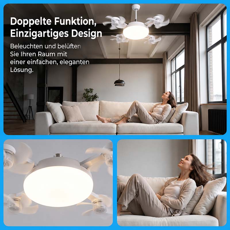 ❄️ 2-in-1 E27 Ventilatorlampe mit LED-Licht & Fernbedienung – ohne Bohren, ideal für Mietwohnungen & heiße Räume