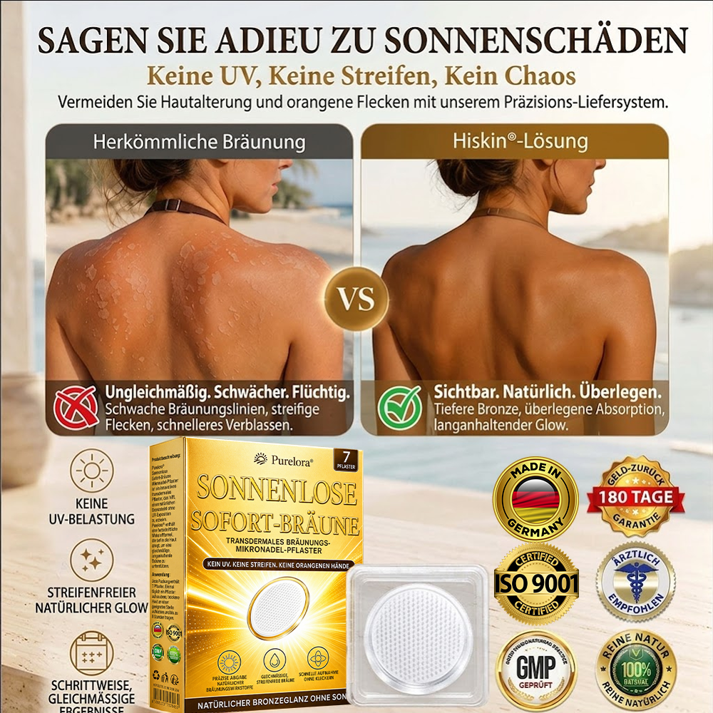 Offizieller Store | ☀️☀️ Purelora® Sofort-Bräunungs-Mikronadelpflaster ohne Sonne 🇩🇪 Nur 1× täglich anwenden | Sichtbar bronzene Bräune in nur 7 Tagen ✅ Kein UV • Kein Orangestich • Keine Streifen • Kein DHA • Kein Schmutz