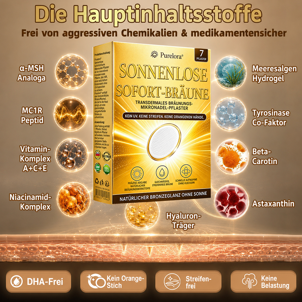 Offizieller Store | ☀️☀️ Purelora® Sofort-Bräunungs-Mikronadelpflaster ohne Sonne 🇩🇪 Nur 1× täglich anwenden | Sichtbar bronzene Bräune in nur 7 Tagen ✅ Kein UV • Kein Orangestich • Keine Streifen • Kein DHA • Kein Schmutz