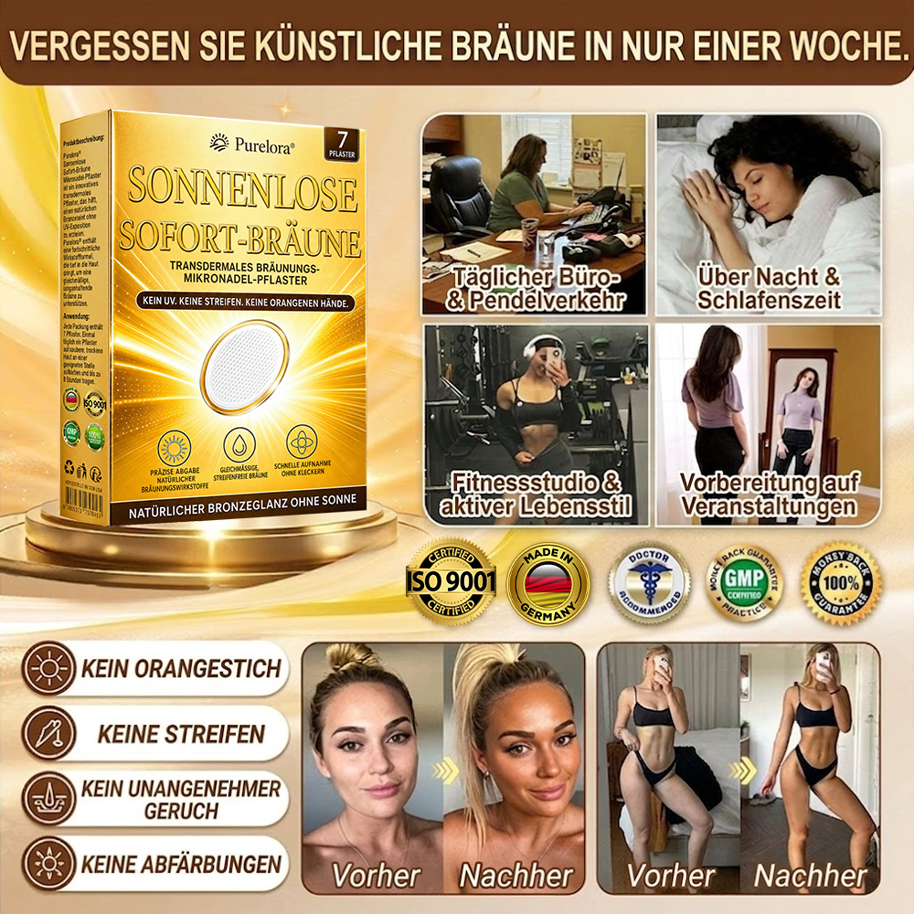 Offizieller Store | ☀️☀️ Purelora® Sofort-Bräunungs-Mikronadelpflaster ohne Sonne 🇩🇪 Nur 1× täglich anwenden | Sichtbar bronzene Bräune in nur 7 Tagen ✅ Kein UV • Kein Orangestich • Keine Streifen • Kein DHA • Kein Schmutz