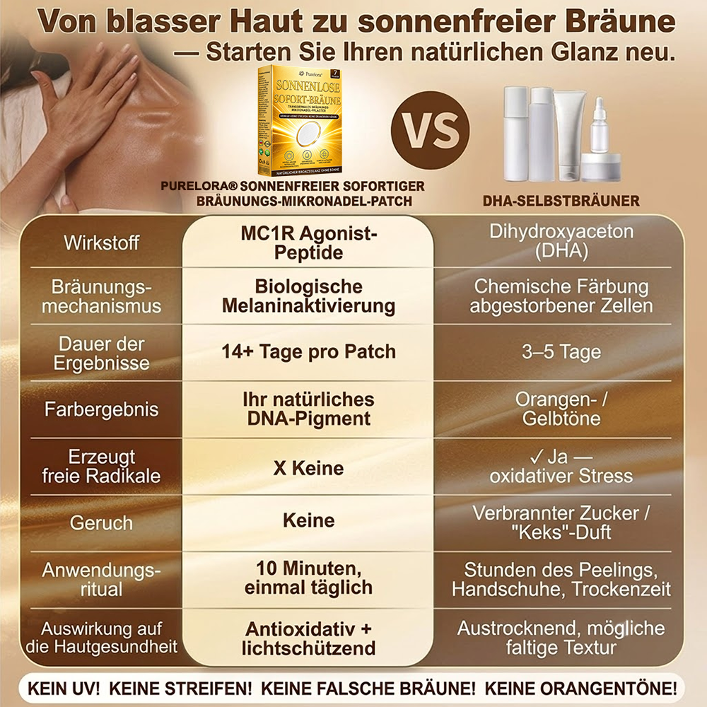 Offizieller Store | ☀️☀️ Purelora® Sofort-Bräunungs-Mikronadelpflaster ohne Sonne 🇩🇪 Nur 1× täglich anwenden | Sichtbar bronzene Bräune in nur 7 Tagen ✅ Kein UV • Kein Orangestich • Keine Streifen • Kein DHA • Kein Schmutz