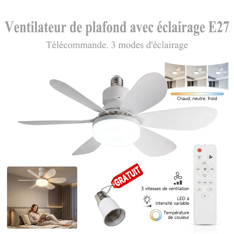 ❄️ 2-in-1 E27 Ventilatorlampe mit LED-Licht & Fernbedienung – ohne Bohren, ideal für Mietwohnungen & heiße Räume