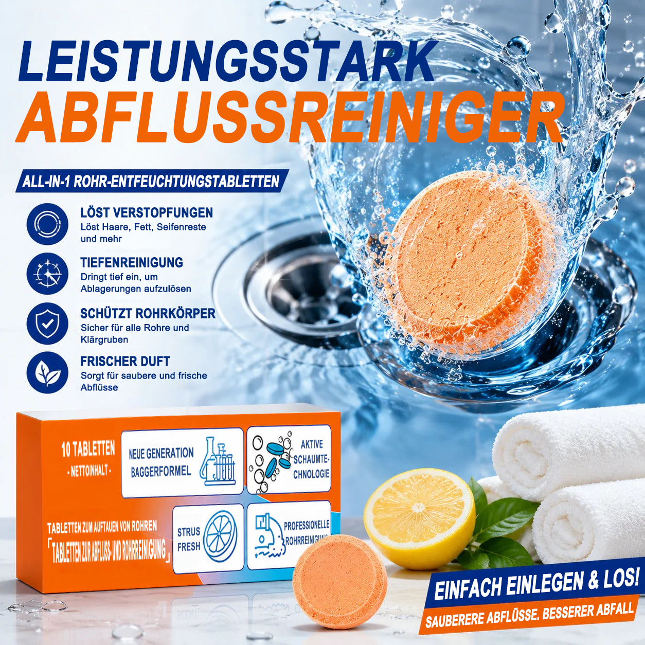 🏰Schäumende Abflussreiniger-Tabletten — Aktivsauerstoff | Entfernt Abflussablagerungen & Schädlinge | Ohne Bleichmittel, ohne Lauge, rohrschonend