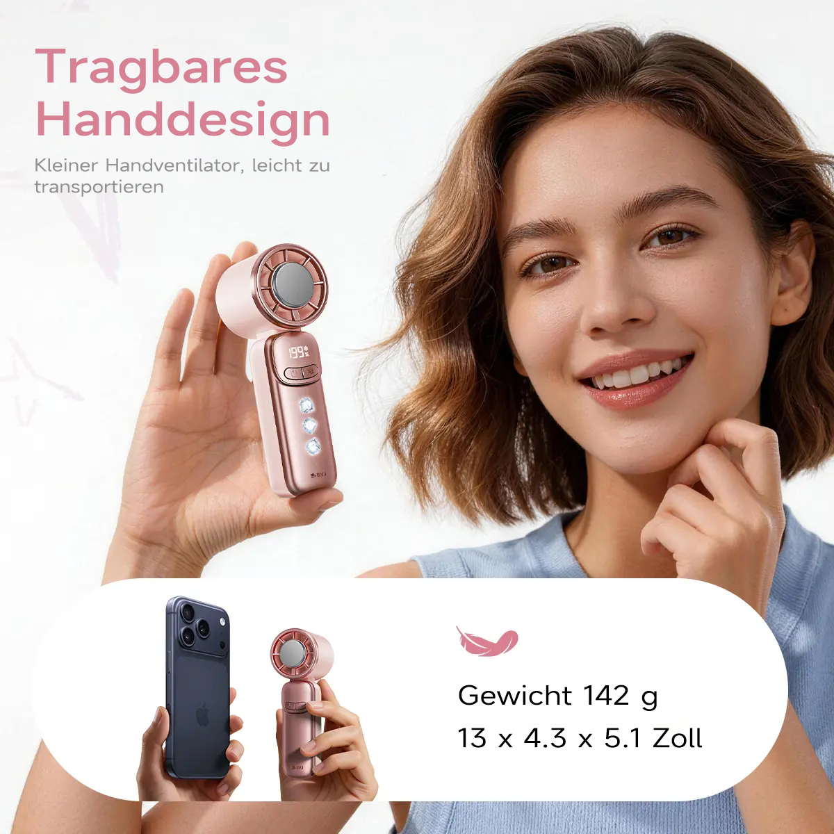 ⚡ BVJ Mini-Handventilator mit Kühlfunktion❄️ | 199 Windstufen • Ice-Touch-Kühlfläche • LED-Display • Taschenformat | Ideal für Sommer, Reisen & Outdoor
