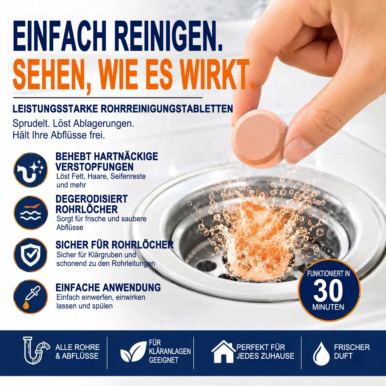 🏰Schäumende Abflussreiniger-Tabletten — Aktivsauerstoff | Entfernt Abflussablagerungen & Schädlinge | Ohne Bleichmittel, ohne Lauge, rohrschonend