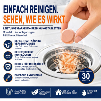 🏰Schäumende Abflussreiniger-Tabletten — Aktivsauerstoff | Entfernt Abflussablagerungen & Schädlinge | Ohne Bleichmittel, ohne Lauge, rohrschonend