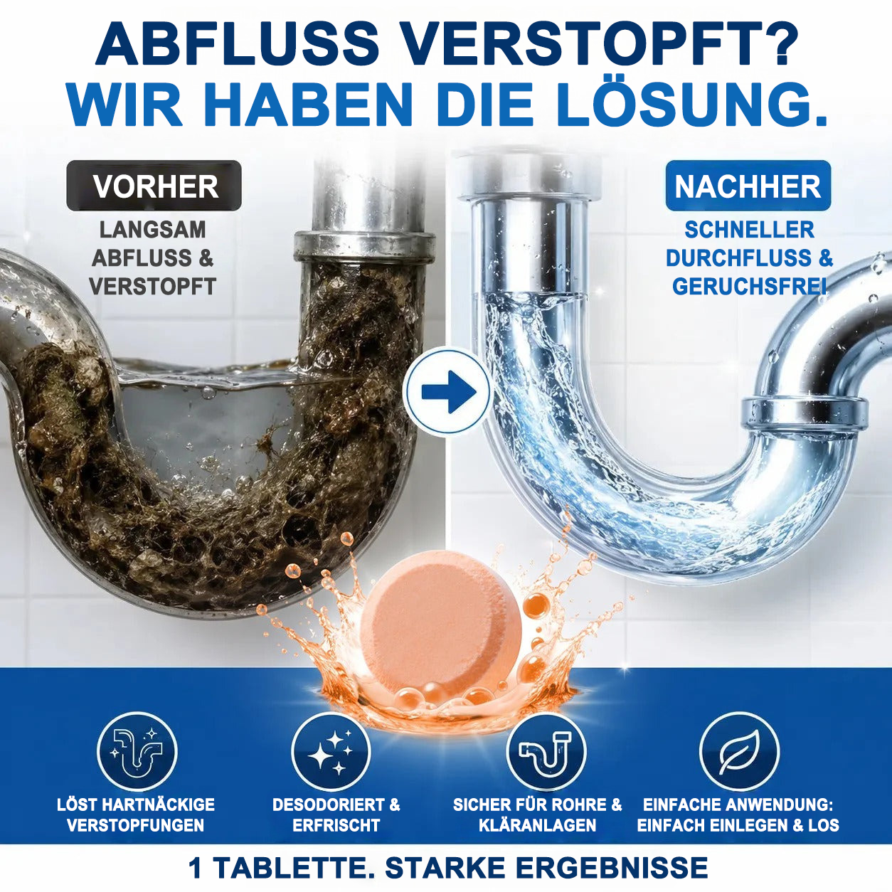 🏰Schäumende Abflussreiniger-Tabletten — Aktivsauerstoff | Entfernt Abflussablagerungen & Schädlinge | Ohne Bleichmittel, ohne Lauge, rohrschonend