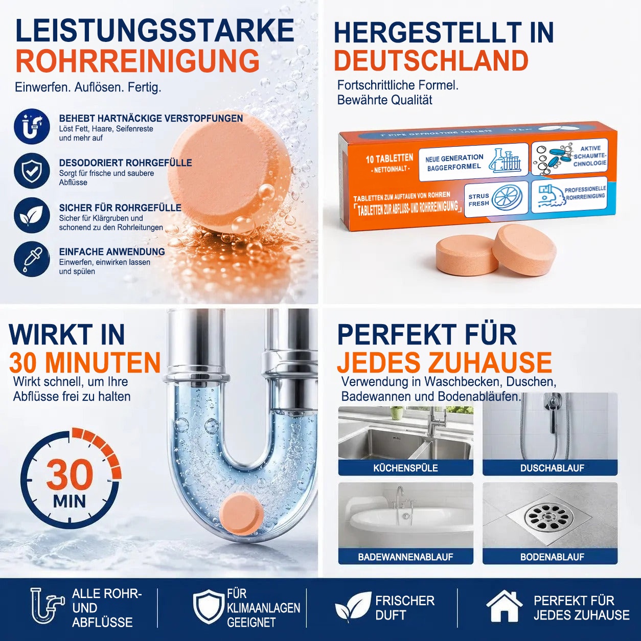 🏰Schäumende Abflussreiniger-Tabletten — Aktivsauerstoff | Entfernt Abflussablagerungen & Schädlinge | Ohne Bleichmittel, ohne Lauge, rohrschonend