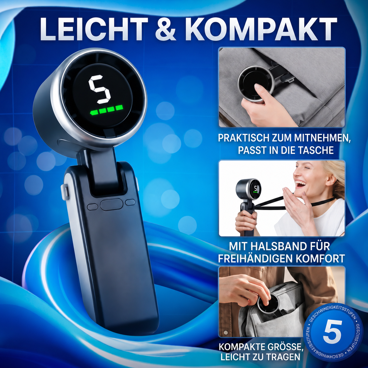 ❄️ Tragbarer 3-in-1-Turbo-Handventilator | 5 Windstufen • Faltbar & zum Umhängen • Starker Luftstrom | Ideal für Sommer, Reisen, Büro & Outdoor