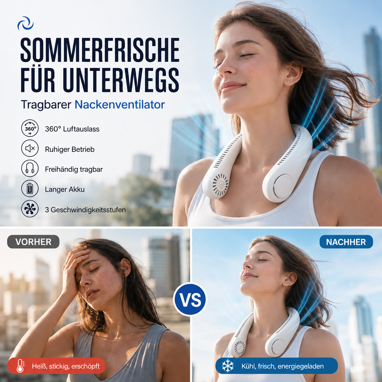 🔥 Sommer-Angebot : 80% Rabatt ❄️Tragbarer blattloser Nackenventilator – Leise 360° Kühlung für Sommer, Reisen & Outdoor