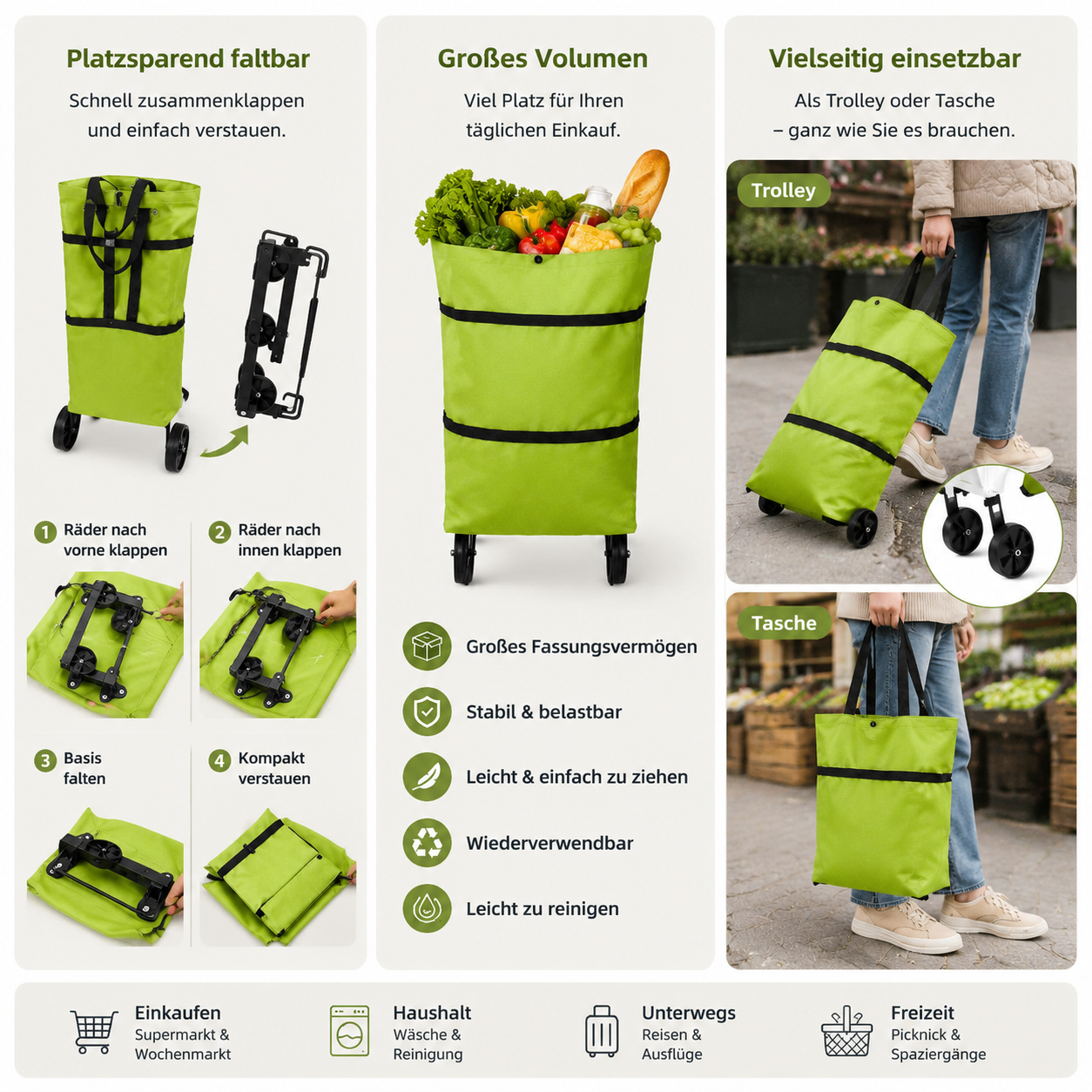 【10inch*18inch】Foldable Shopping Trolley Bag with Wheels, Portable Reusable Grocery Tote, Lightweight Rolling Shopping Cart Bag with Carry Handles for Supermarket, Travel, Laundry and Daily Use