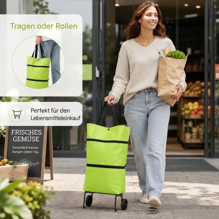 ⚡【10 Zoll × 18 Zoll】Neue faltbare Einkaufstasche mit Rollen – wasserdicht, robust und 2-in-1 verwendbar!