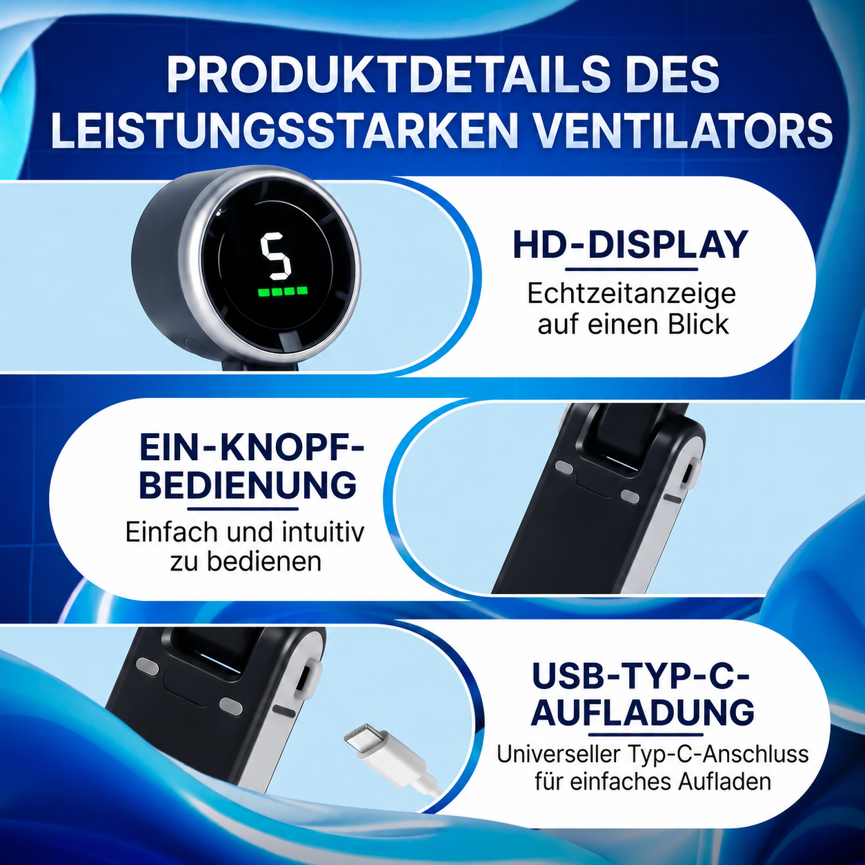 ❄️ Tragbarer 3-in-1-Turbo-Handventilator | 5 Windstufen • Faltbar & zum Umhängen • Starker Luftstrom | Ideal für Sommer, Reisen, Büro & Outdoor