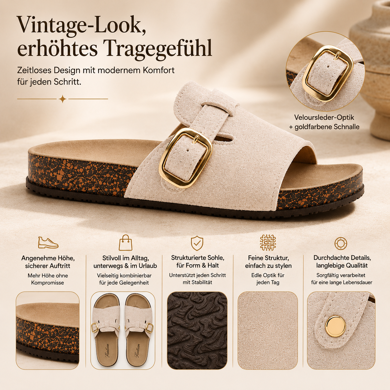 🏆 Vintage-Pantoletten mit Schnalle für Damen & Herren – Veloursleder-Optik, verstellbarer Riemen und gepolstertes Komfort-Fußbett