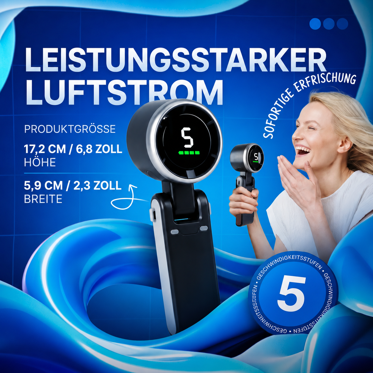 ❄️ Tragbarer 3-in-1-Turbo-Handventilator | 5 Windstufen • Faltbar & zum Umhängen • Starker Luftstrom | Ideal für Sommer, Reisen, Büro & Outdoor