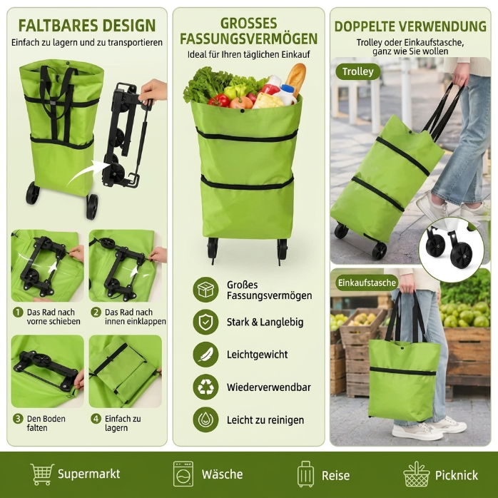 ⚡【10 Zoll × 18 Zoll】Neue faltbare Einkaufstasche mit Rollen – wasserdicht, robust und 2-in-1 verwendbar!