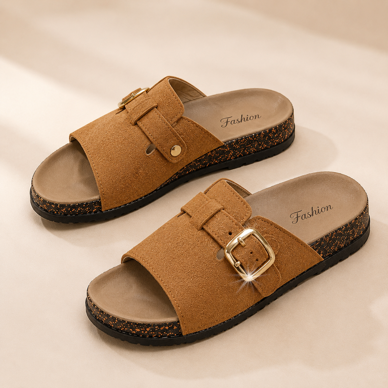 🏆 Vintage-Pantoletten mit Schnalle für Damen & Herren – Veloursleder-Optik, verstellbarer Riemen und gepolstertes Komfort-Fußbett