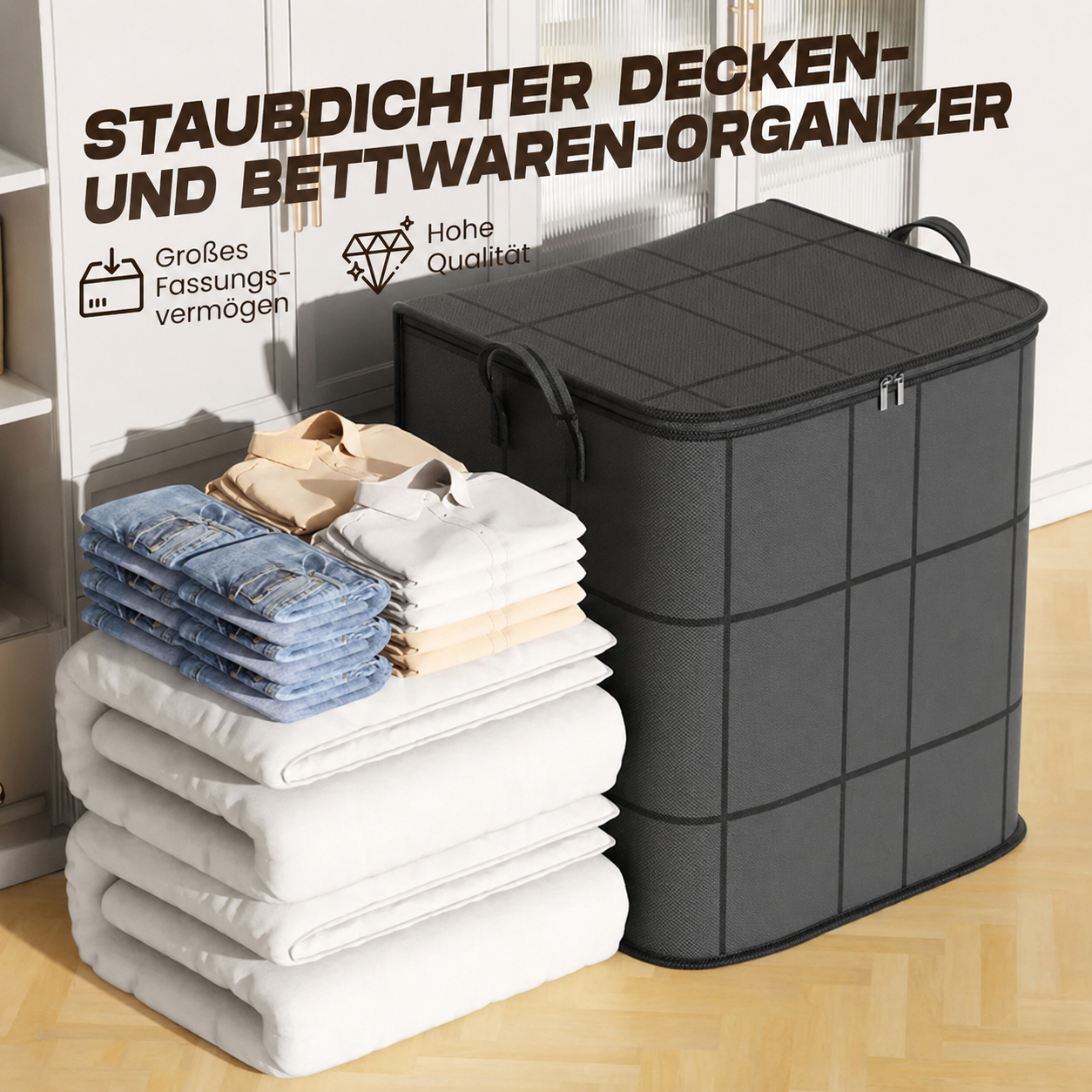 🚨 Spacious Foldable Fabric Zippered Storage Bin for Moving & Bedroom Closet📦
