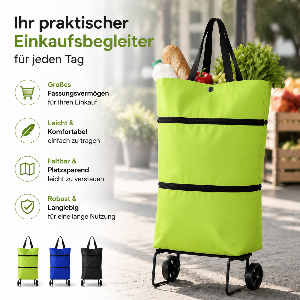 🛒Faltbarer Einkaufstrolley – Praktische Einkaufstasche mit Rollen für den täglichen Einkauf