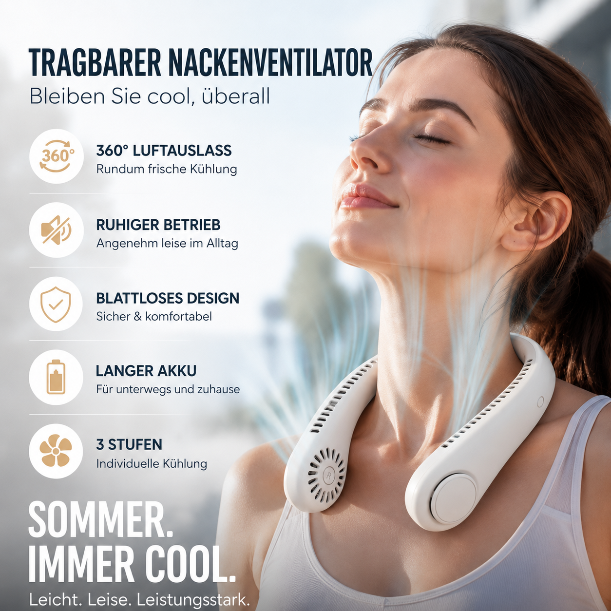 🔥 Letzter Tag – 80% Rabatt: Tragbarer blattloser Nackenventilator – Leise 360° Kühlung für Sommer, Reisen & Outdoor