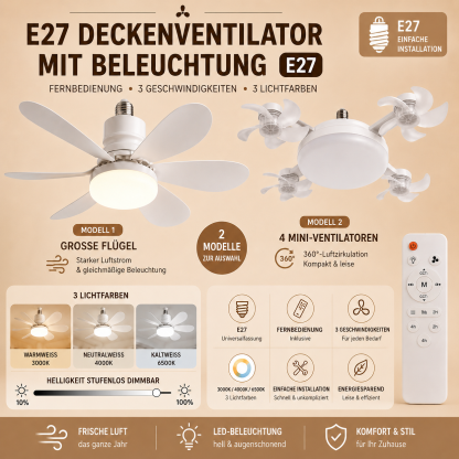 ⚡ 2-in-1 E27 Ventilatorlampe mit LED-Licht 🌬& Fernbedienung – ohne Bohren, ideal für Mietwohnungen & heiße Räume