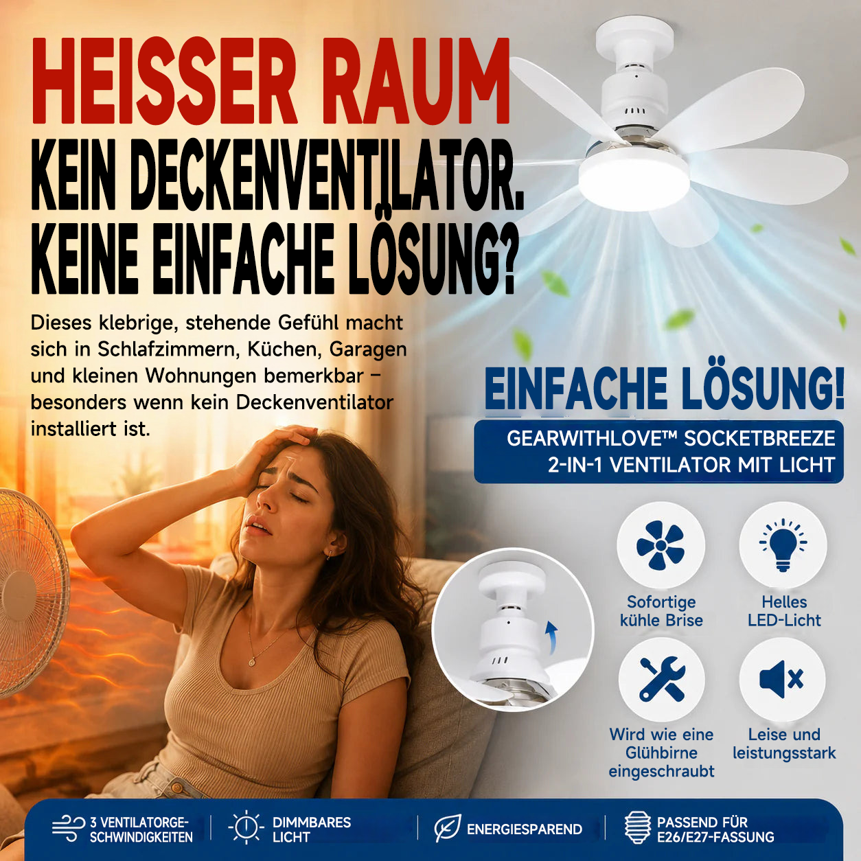 2-in-1 E27 Ventilatorlampe f&uuml;r hei&szlig;e R&auml;ume