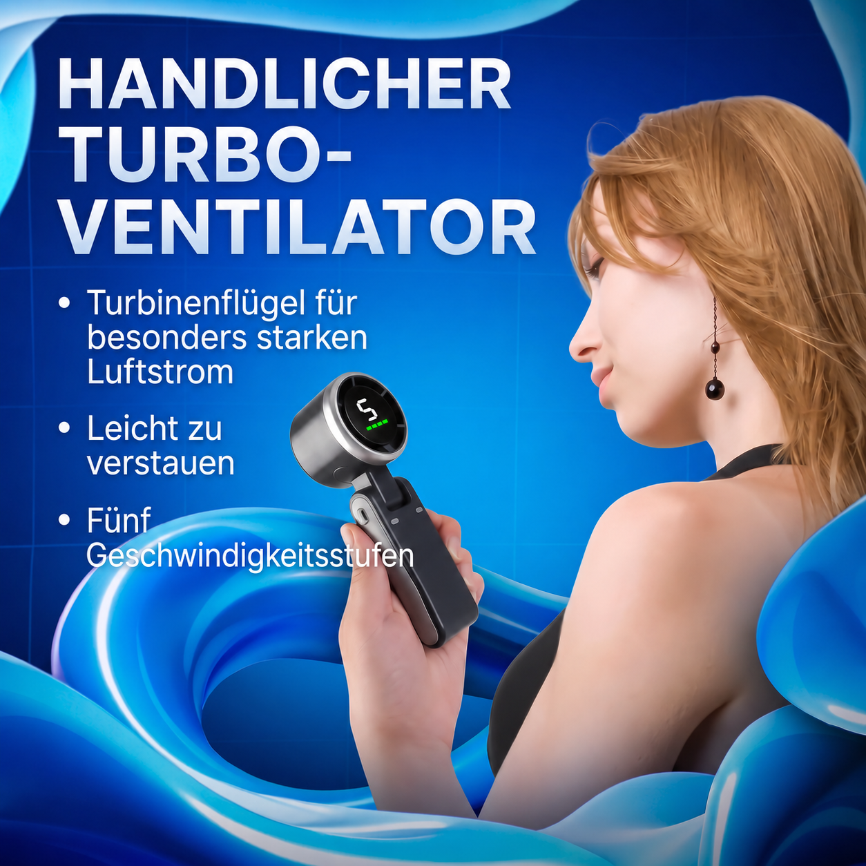 ❄️ Tragbarer 3-in-1-Turbo-Handventilator | 5 Windstufen • Faltbar & zum Umhängen • Starker Luftstrom | Ideal für Sommer, Reisen, Büro & Outdoor