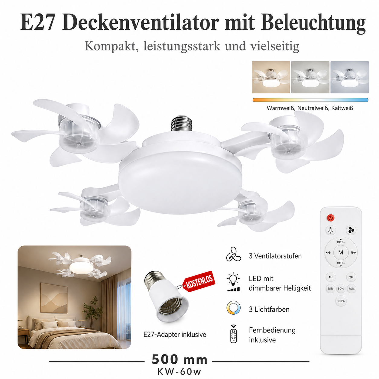 ❄️ 2-in-1 E27 Ventilatorlampe mit LED-Licht & Fernbedienung – ohne Bohren, ideal für Mietwohnungen & heiße Räume