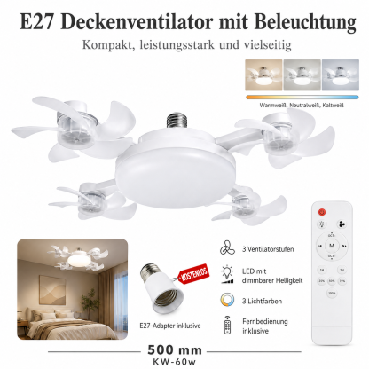 ⚡ 2-in-1 E27 Ventilatorlampe mit LED-Licht 🌬& Fernbedienung – ohne Bohren, ideal für Mietwohnungen & heiße Räume