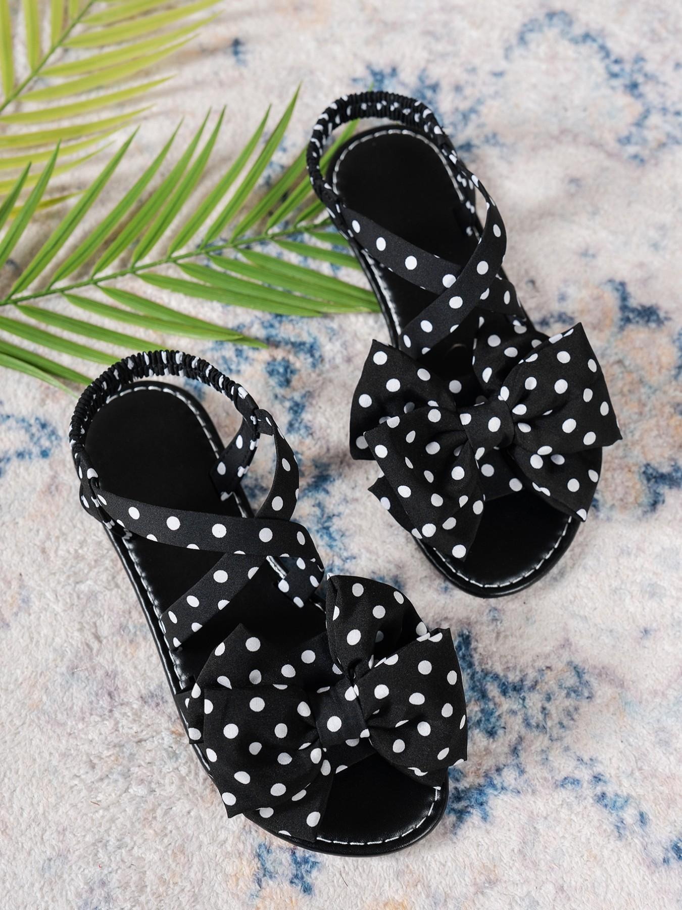  Letzter Tag: 80 % RABATT ✨🔥Vintage Polka Dot Bow Flat Sandals, Casual Trendy Sandals, Sweet Cool Cross Elastic Back Design, Trendy Vacation Commuter Date Comfortable Women's Shoes, Fashionable Flat Sandals