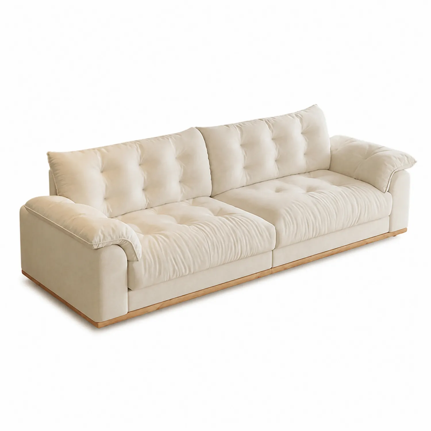 Kremowa sofa z tkaniny z bukową ramą