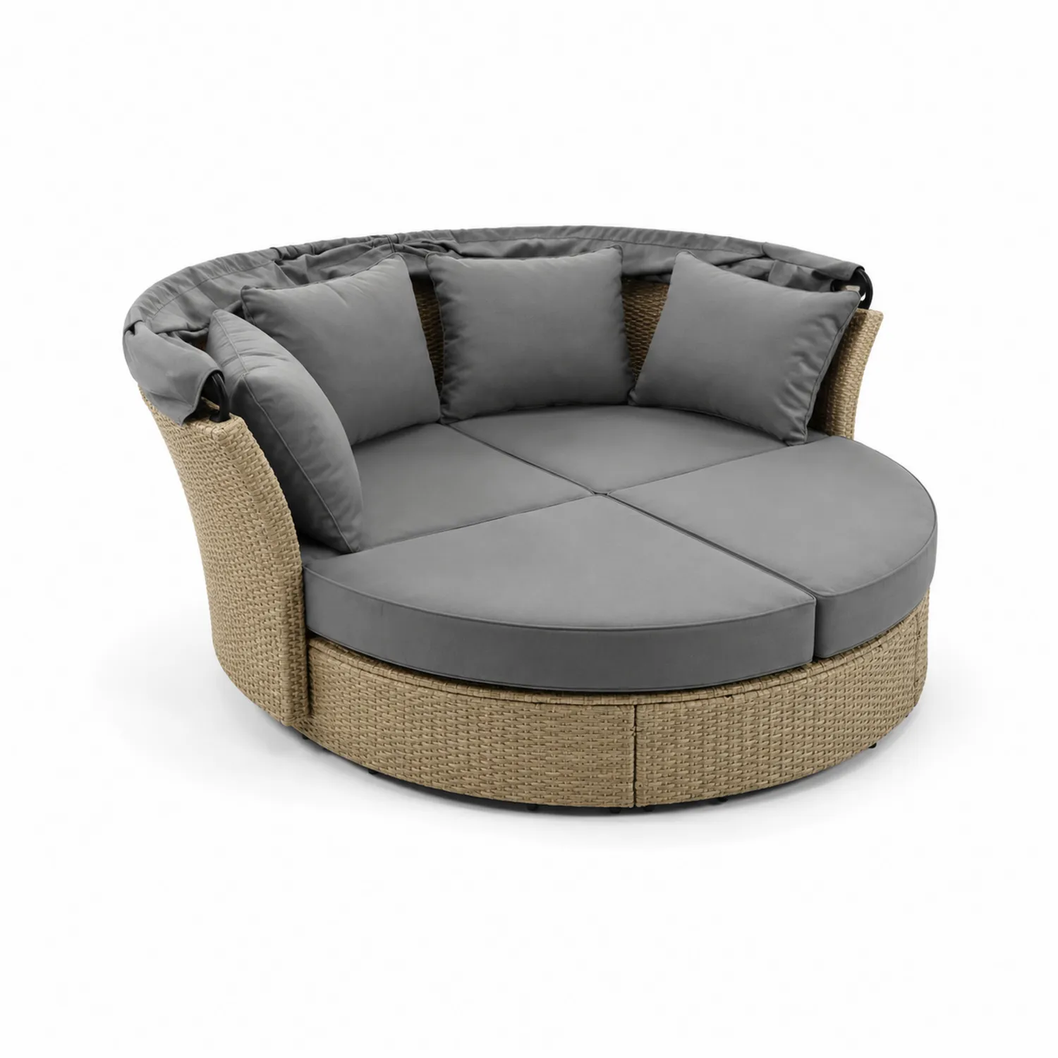 Okrągła sofa z technorattanu z poduszkami szarymi