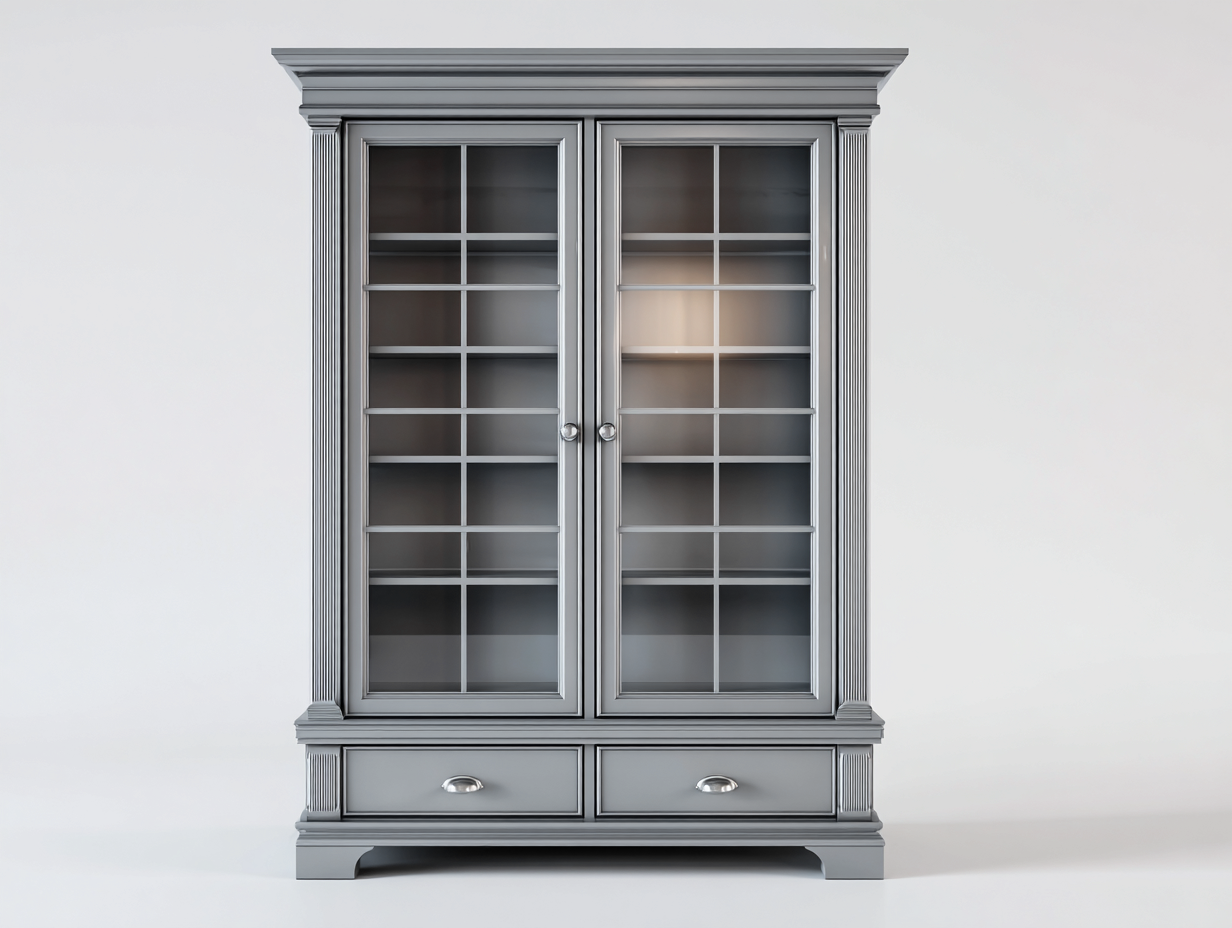 Vitrina 100x40x190 cm madera MDF gris con puertas de vidrio - diseño clásico con 2 puertas y 2 cajones-Litalihaus