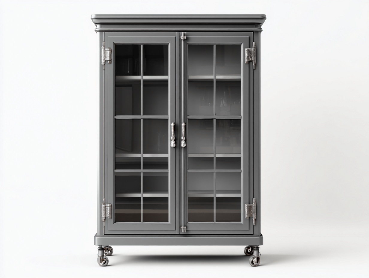 Vitrina armario de madera con puertas de vidrio y ruedas 85x40x170 cm - gris - diseño industrial-Litalihaus