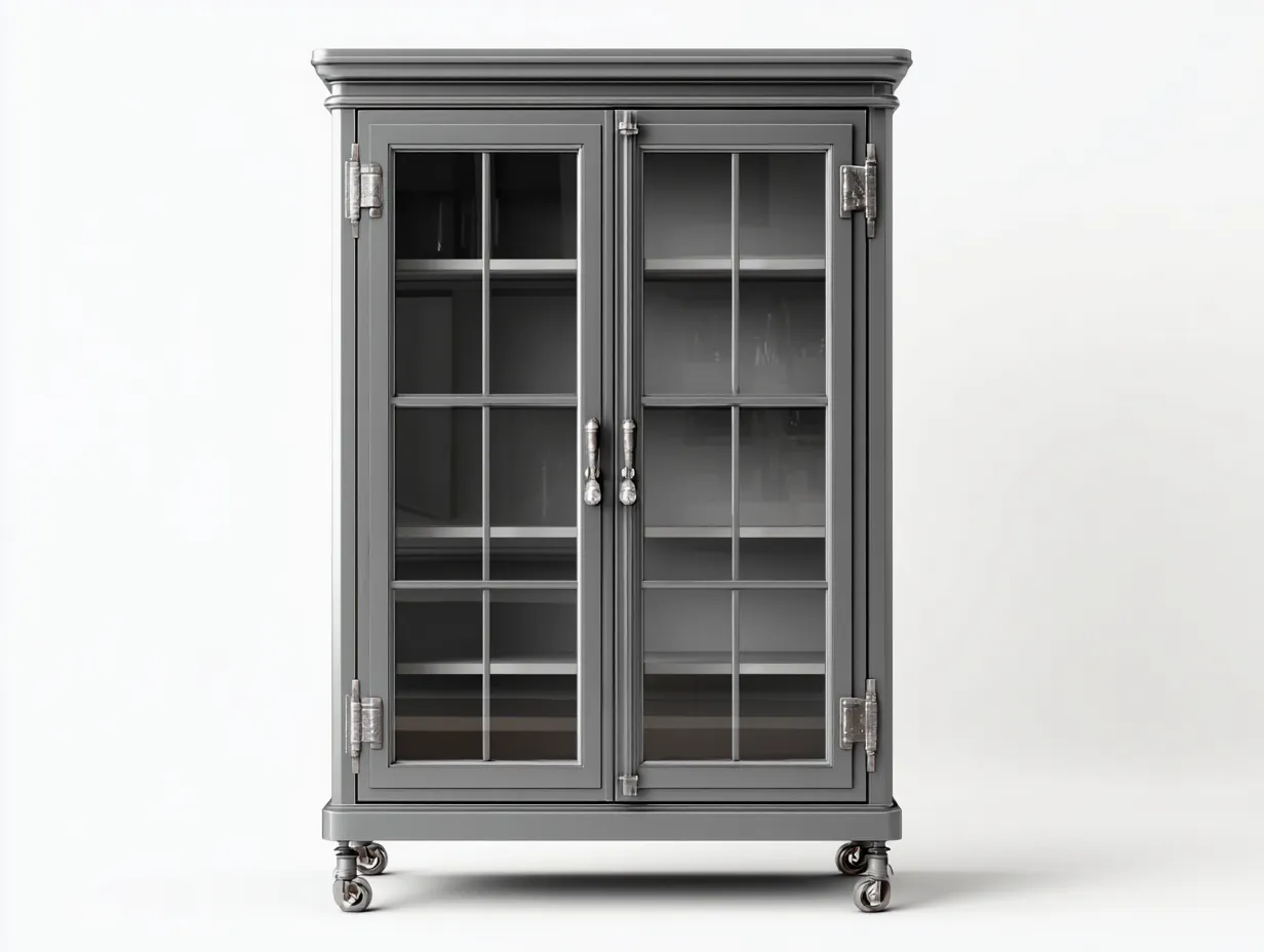Vitrina armario de madera con puertas de vidrio y ruedas 85x40x170 cm - gris - diseño industrial-Litalihaus