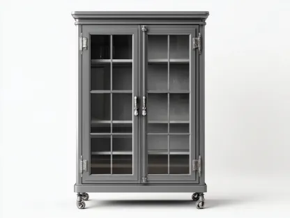 Vitrina armario de madera con puertas de vidrio y ruedas 85x40x170 cm - gris - diseño industrial-Litalihaus