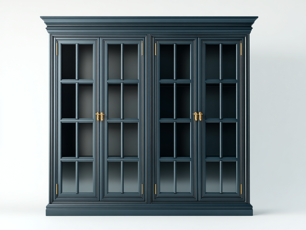 Vitrina madera con puertas de vidrio y almacenamiento 160x45x200 cm - azul oscuro - diseño clásico para salón y entrada-Litalihaus