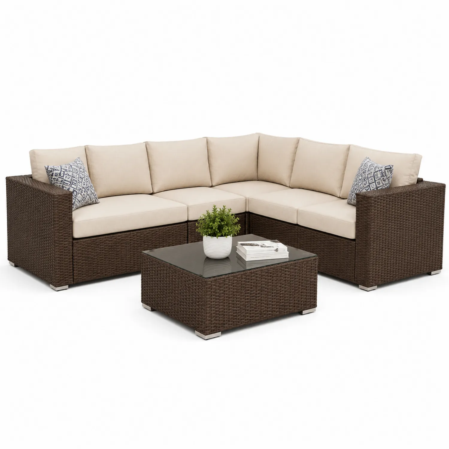 Modułowa sofa ogrodowa z technorattanu z poduszkami beżowymi i stołem z hartowanego szkła-Arzenorae