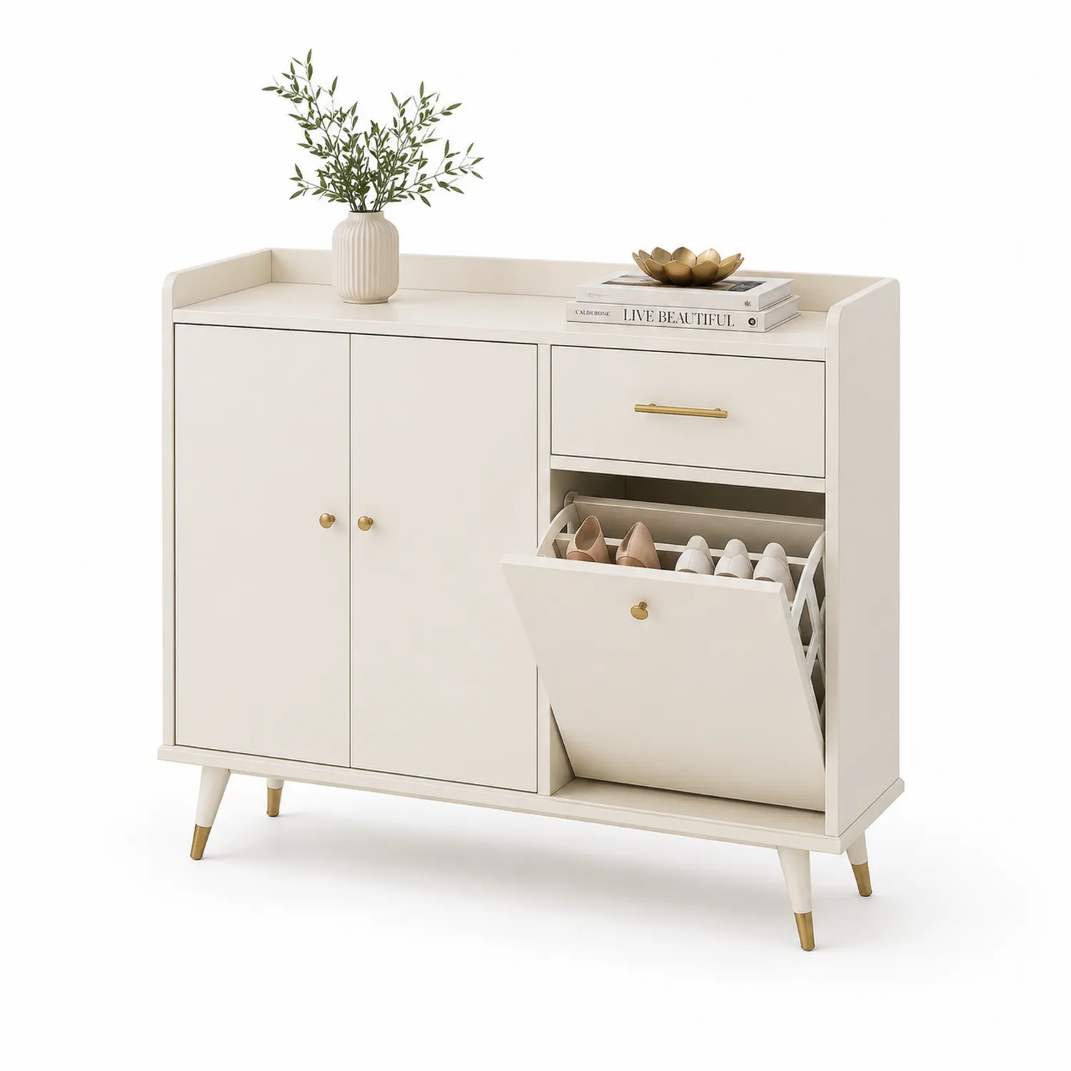 Szafka na buty z MDF z szufladą i drzwiami, kremowa 90x80x30 cm-Arzenorae